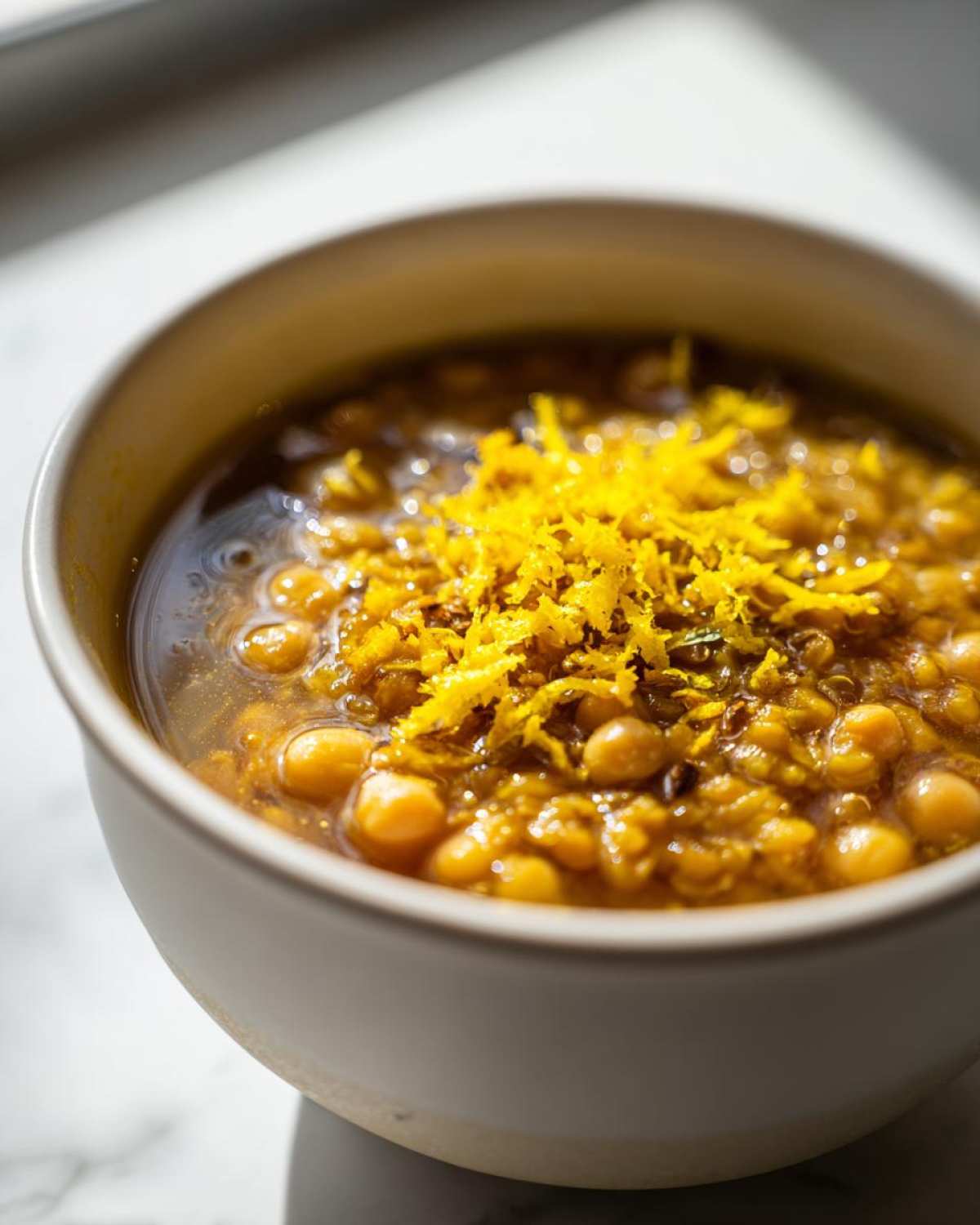Close-up of a bowl of rich, golden chickpea soup topped with bright yellow lemon zest.