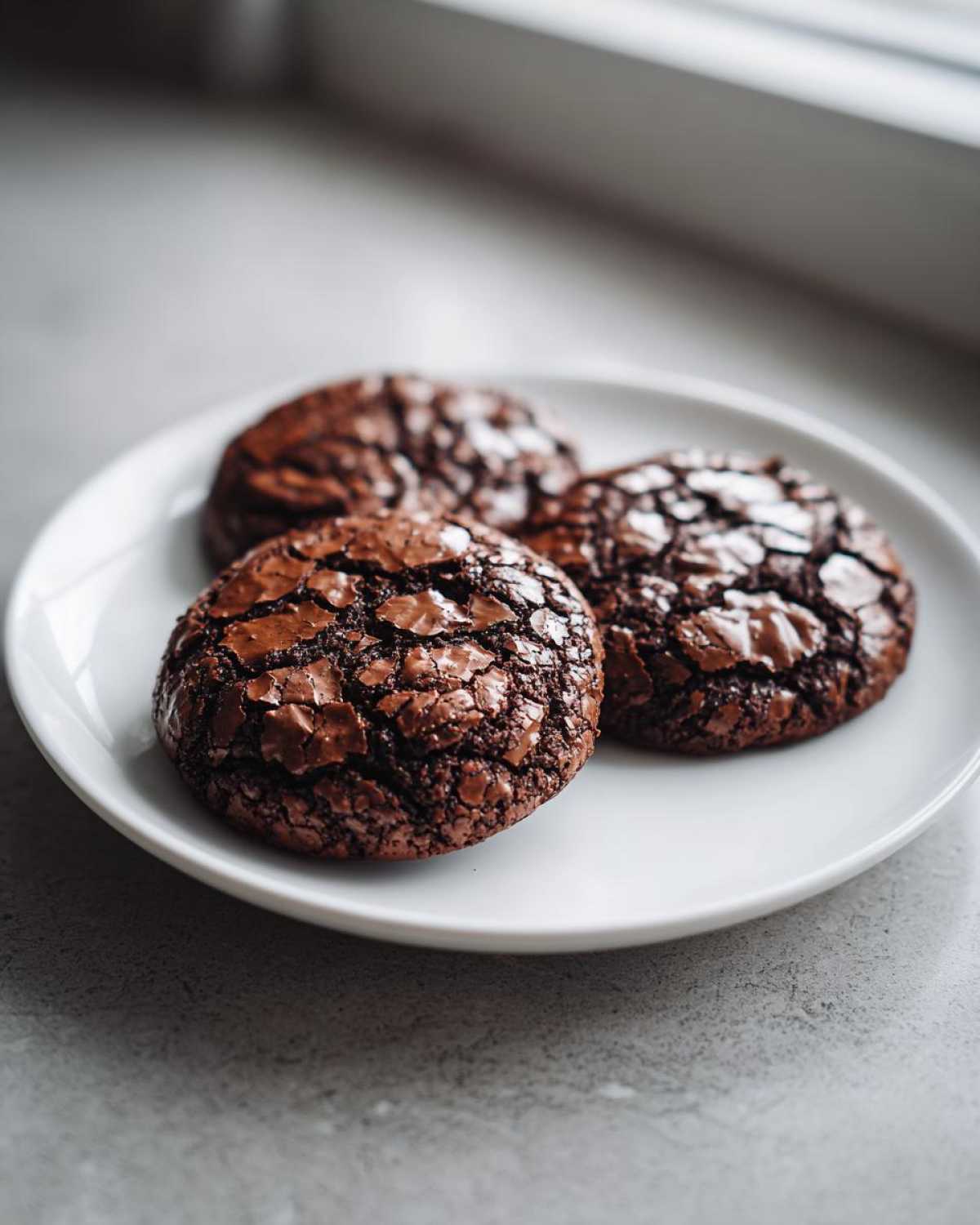 Three rich, dark chocolate brownie cookies with cracked tops resting on a white plate.