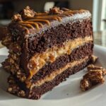 A decadent slice of chocolate caramel toffee crunch cake showing rich layers of dark cake and caramel filling.