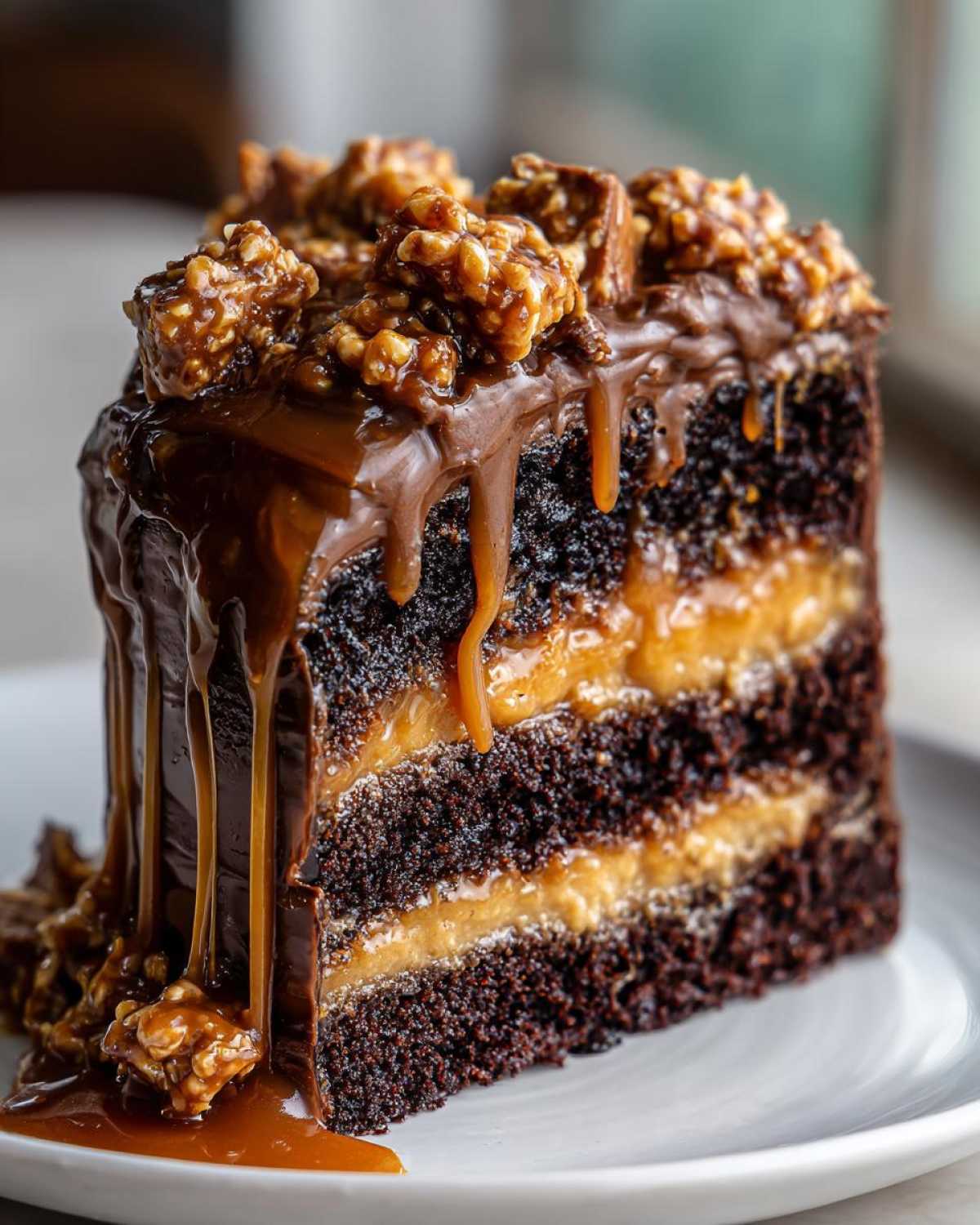 A decadent slice of chocolate caramel toffee crunch cake showing multiple layers of dark cake and caramel filling.