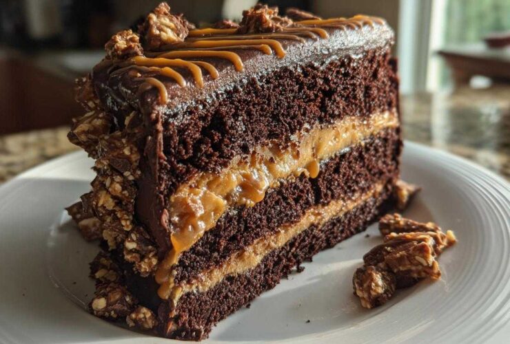 A decadent slice of chocolate caramel toffee crunch cake showing rich layers of dark cake and caramel filling.
