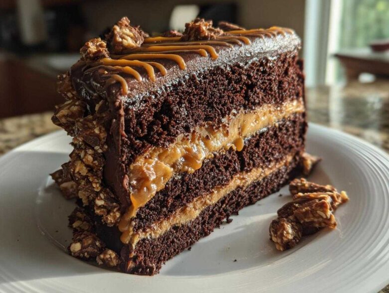 A decadent slice of chocolate caramel toffee crunch cake showing rich layers of dark cake and caramel filling.