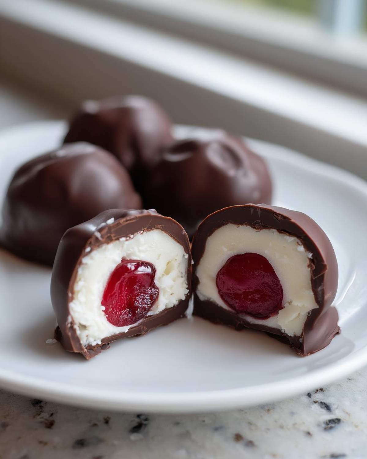 A homemade chocolate covered cherries candy cut in half showing the creamy white filling and bright red cherry center.