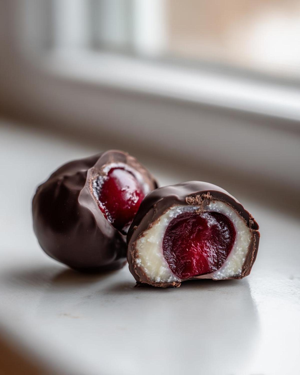 Close-up of two homemade chocolate covered cherries, one cut in half revealing the white filling and bright red cherry center.