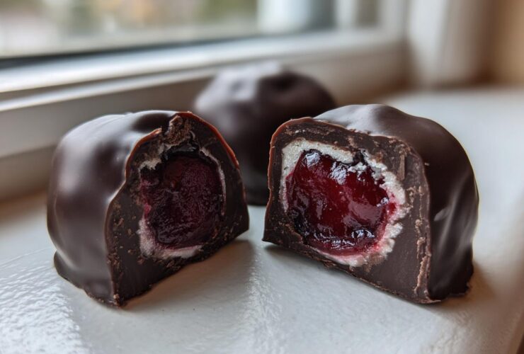 Close-up of a chocolate covered cherries cut in half, showing the dark chocolate shell, white fondant layer, and juicy cherry center.