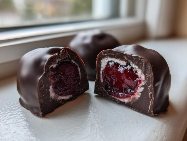Close-up of a chocolate covered cherries cut in half, showing the dark chocolate shell, white fondant layer, and juicy cherry center.