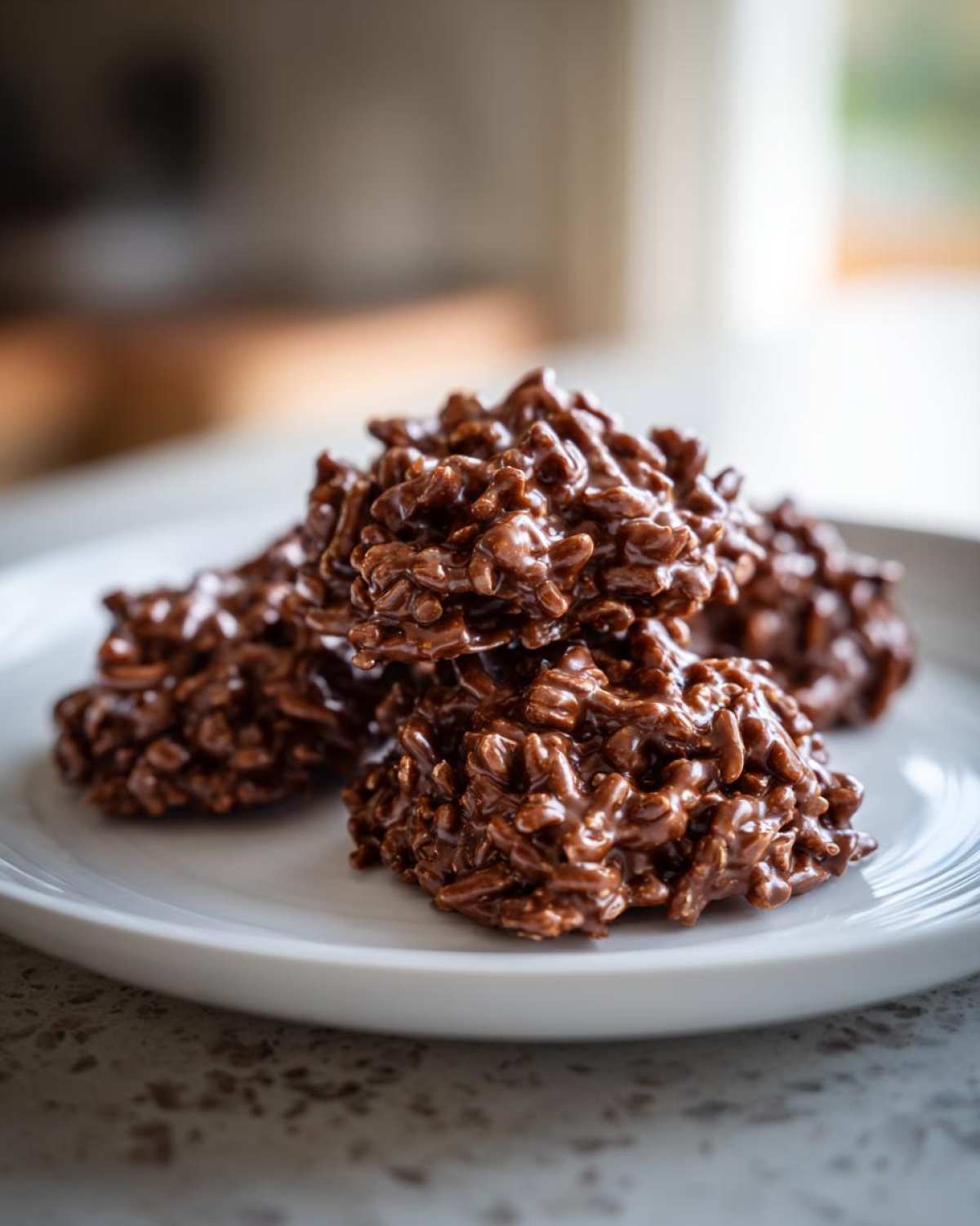 A stack of glossy, chocolate haystack cookies made with crispy cereal, resting on a white plate.