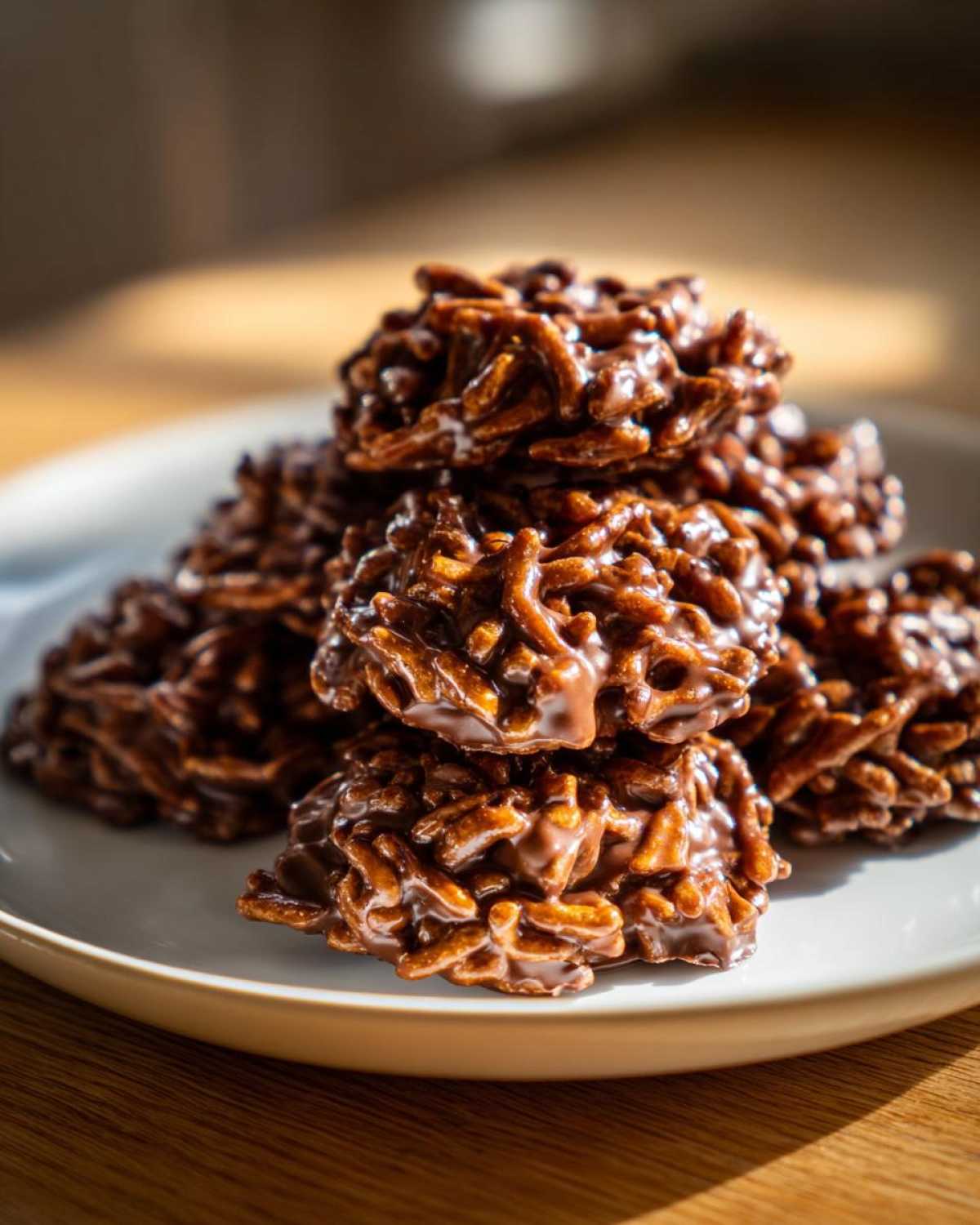 A close-up of a stack of glossy, chocolate haystack cookies resting on a light-colored plate.