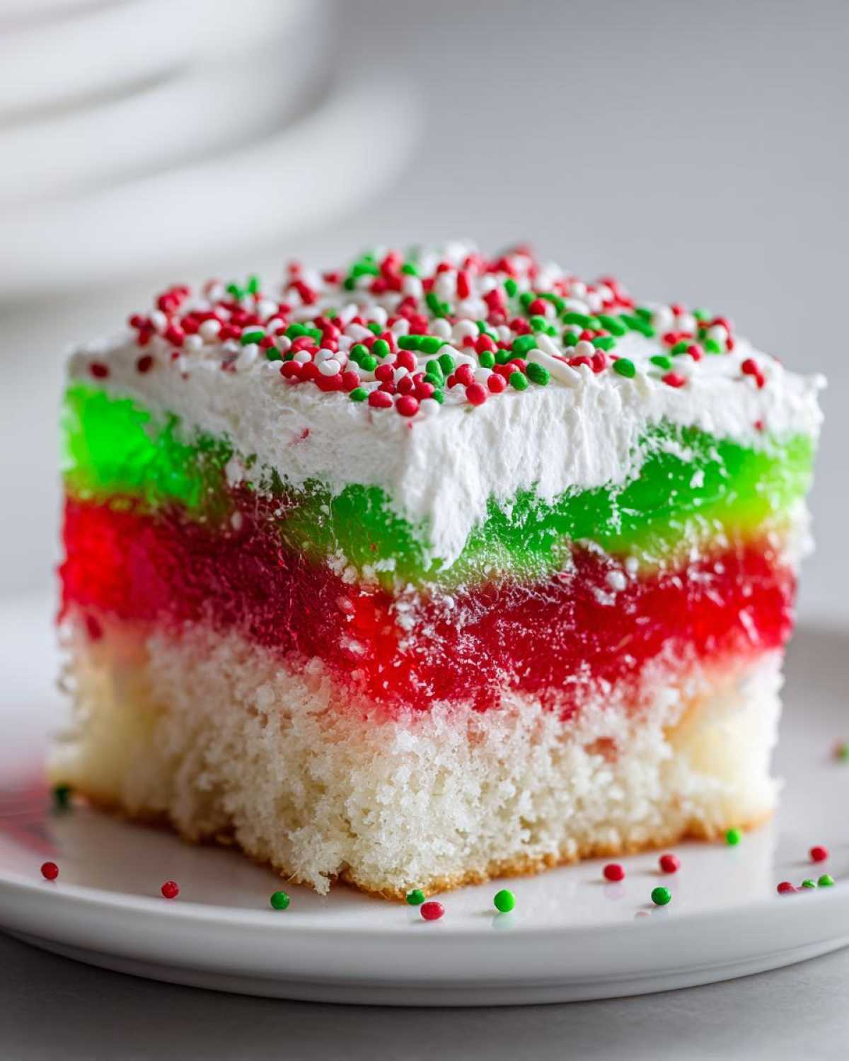 Close-up of a slice of christmas poke cake featuring white cake, layers of red and green jello, whipped topping, and sprinkles.