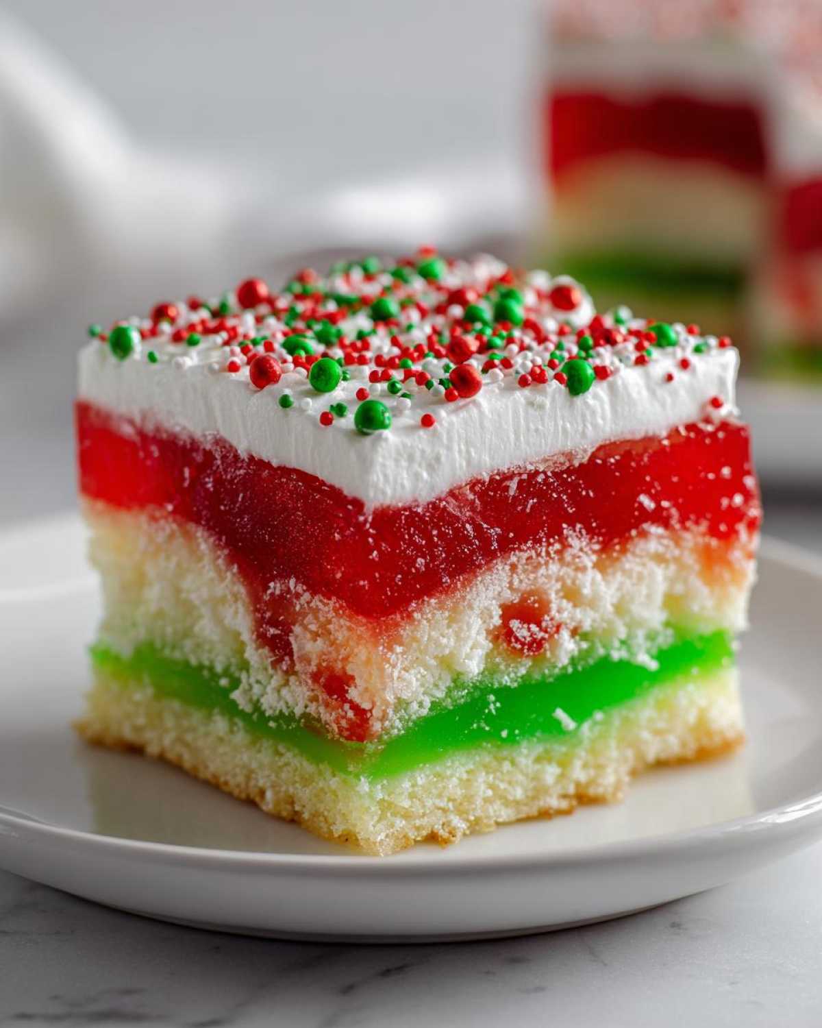 Close-up of a slice of christmas poke cake featuring white cake, green and red jello layers, whipped topping, and sprinkles.