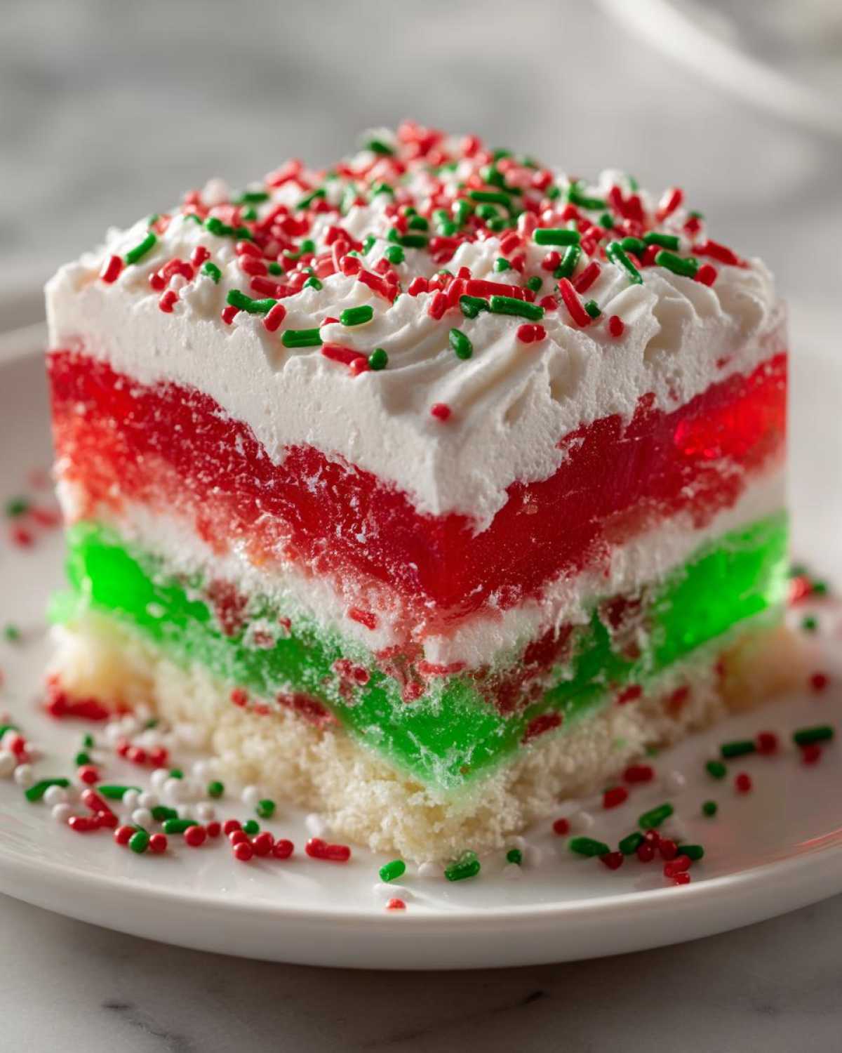 A square slice of Christmas poke cake featuring layers of red and green gelatin, white topping, and holiday sprinkles.