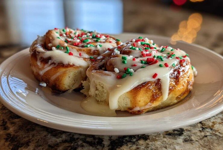 Two delicious christmas tree cinnamon rolls covered in white icing and red and green holiday sprinkles.