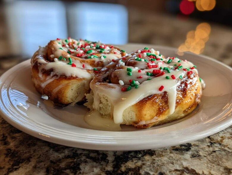 Two delicious christmas tree cinnamon rolls covered in white icing and red and green holiday sprinkles.