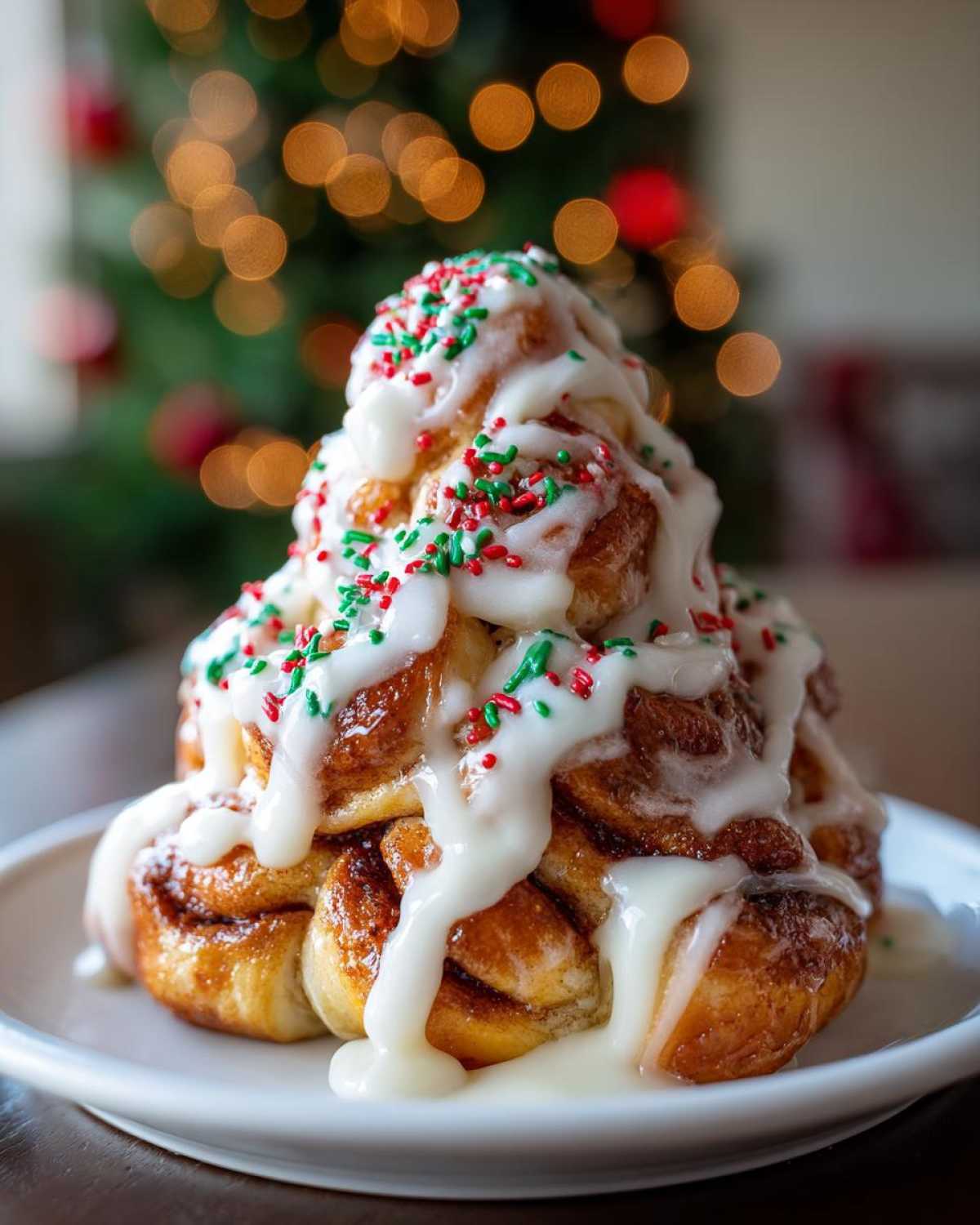 A stack of baked cinnamon rolls shaped like a Christmas tree, covered in white icing and red/green sprinkles.