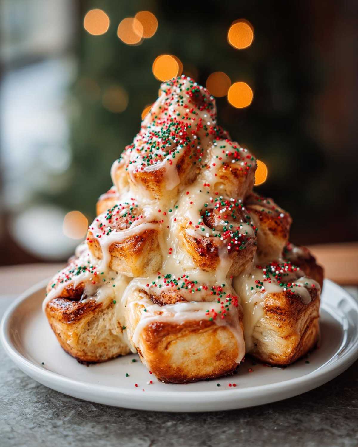 A stack of warm christmas tree cinnamon rolls drizzled with icing and festive red and green sprinkles.