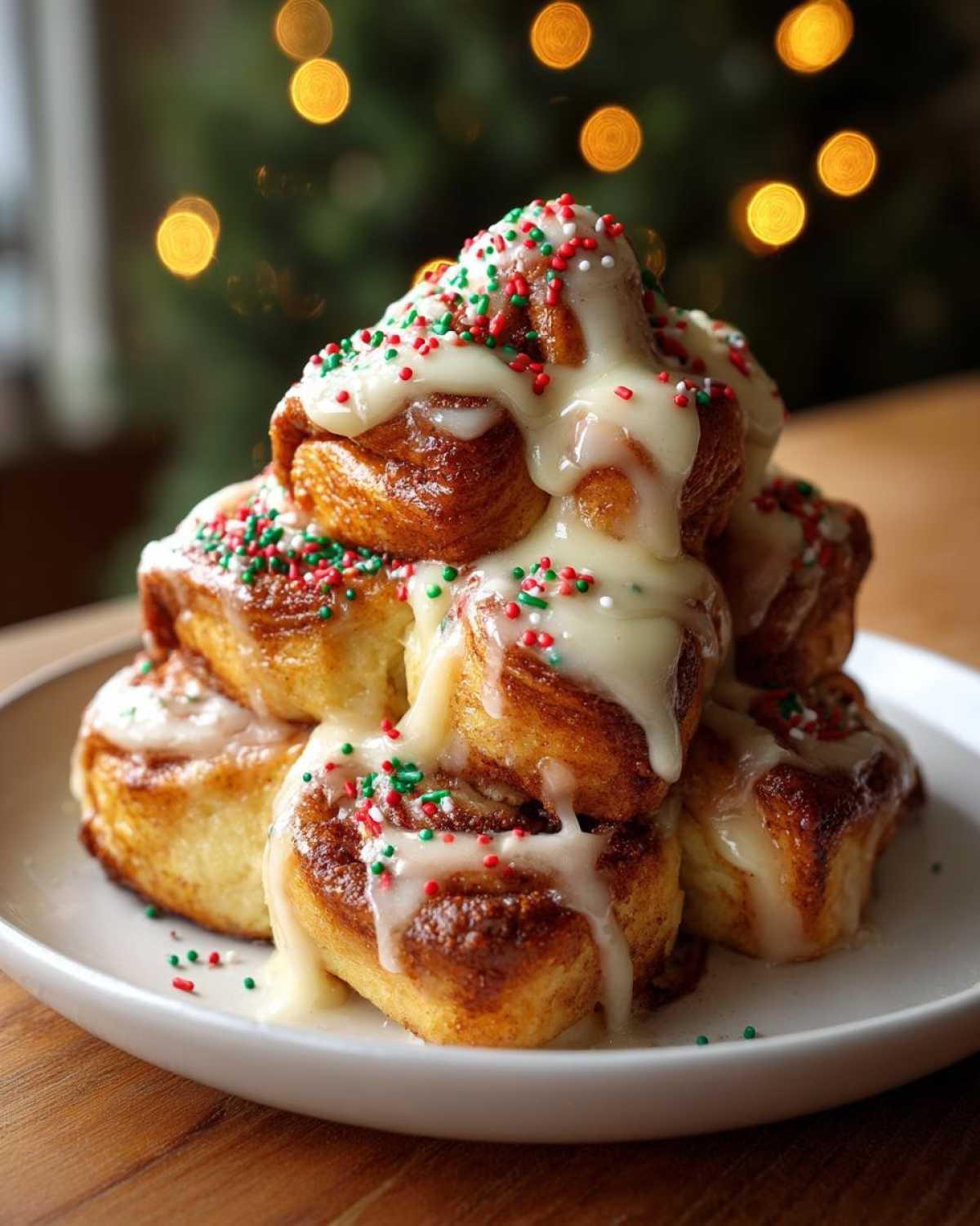 A stack of freshly baked christmas tree cinnamon rolls covered in white icing and colorful holiday sprinkles.