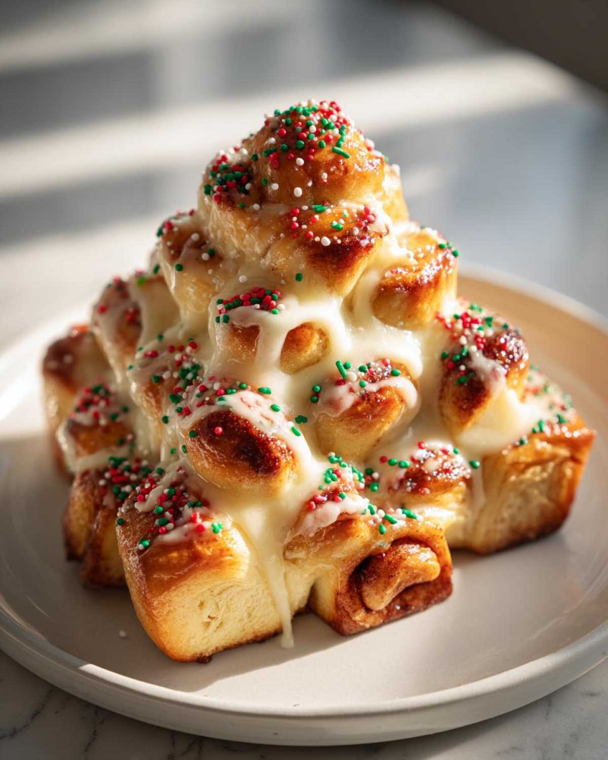 A tower of freshly baked christmas tree cinnamon rolls covered in white icing and red, green, and white sprinkles.