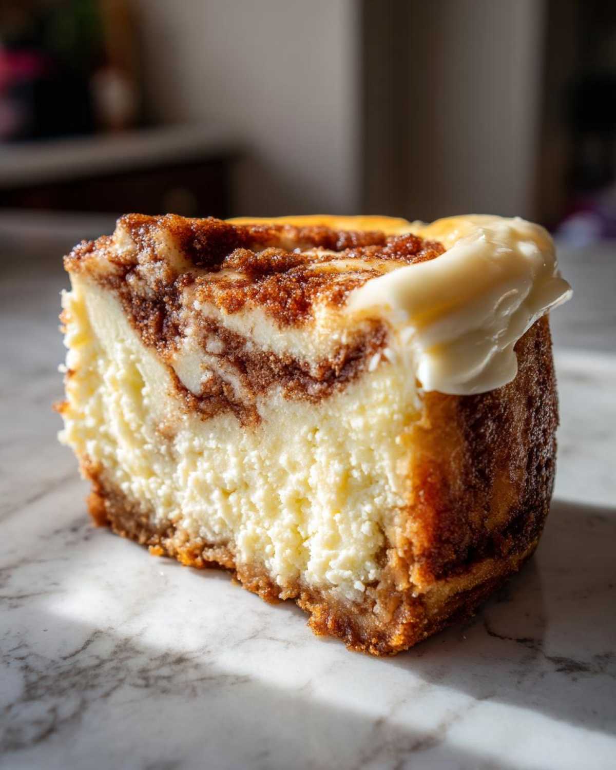 A rich slice of cinnamon roll cheesecake with a creamy swirl and cream cheese frosting dollop.