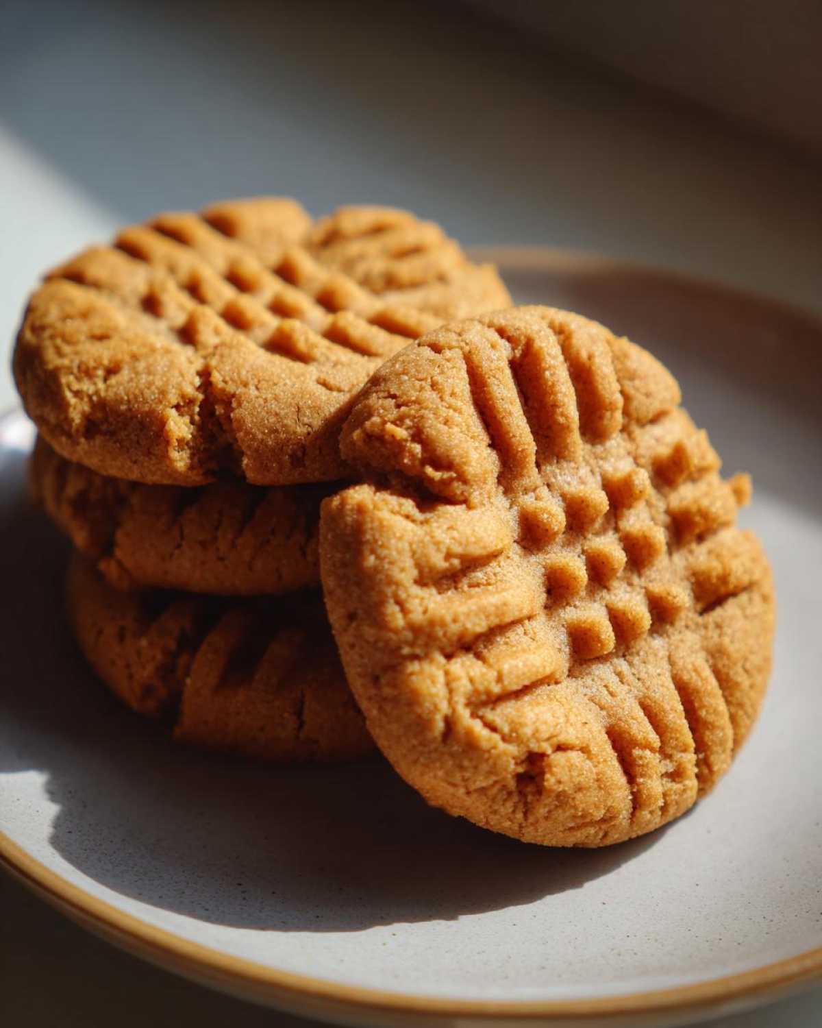 A stack of freshly baked peanut butter cookies featuring the classic crisscross fork pattern, resting on a light gray plate.