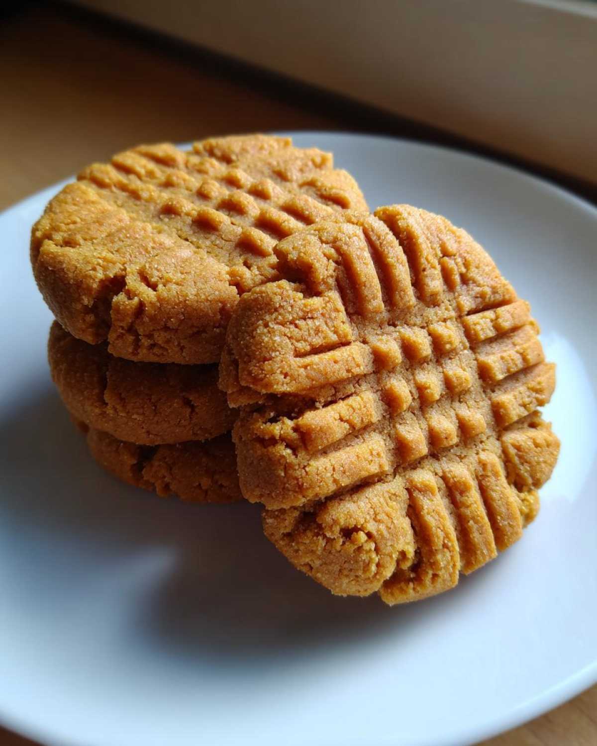 A stack of three golden brown peanut butter cookies showing the classic crisscross fork pattern on top, resting on a white plate.