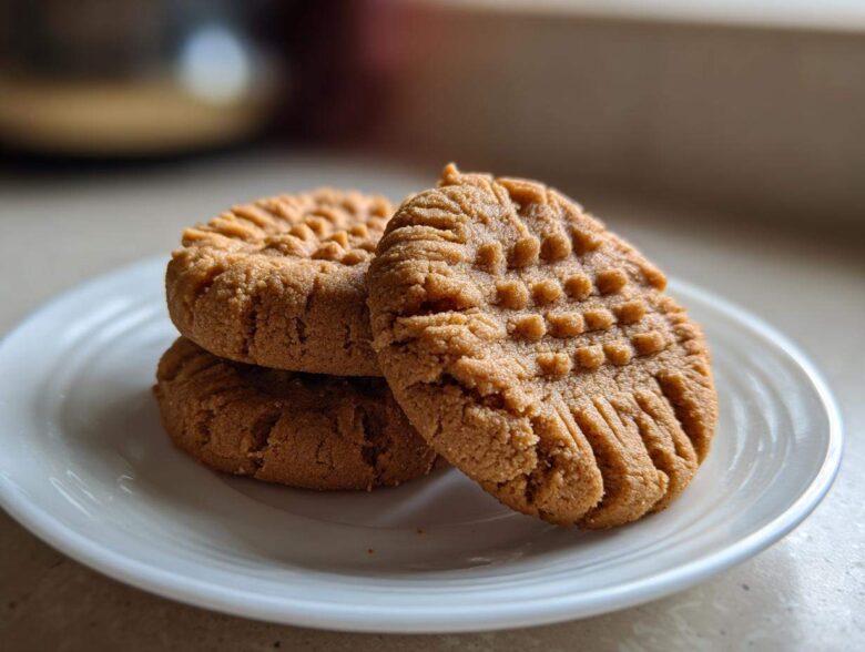 Three classic peanut butter cookies stacked on a white plate, showing the traditional criss-cross fork marks.