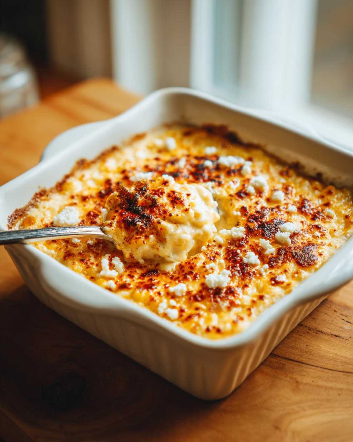 A spoonful of hot, cheesy street corn dip being lifted from a white baking dish, topped with cotija cheese and paprika.