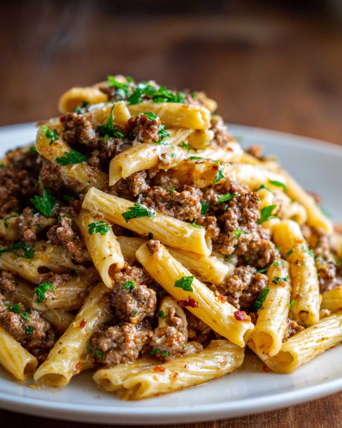 Close-up of a mound of creamy beef pasta featuring penne tubes mixed with seasoned ground beef and topped with fresh parsley.