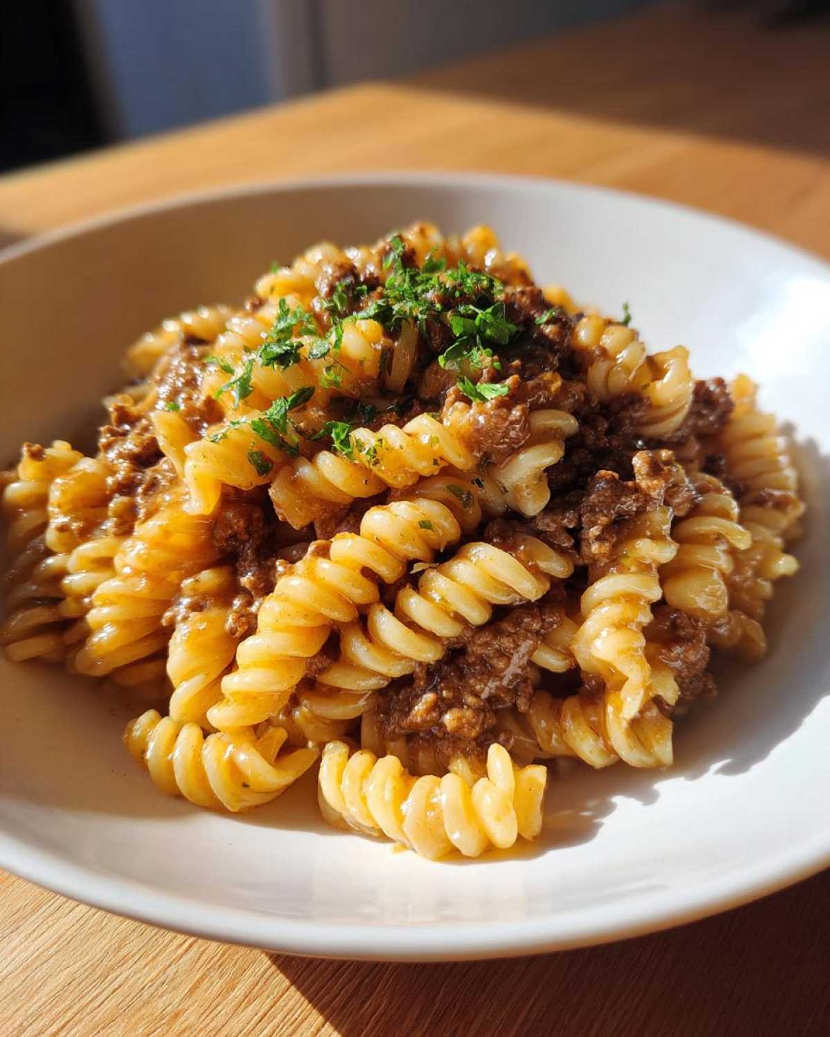 A close-up of creamy beef pasta made with fusilli noodles, topped with fresh parsley.