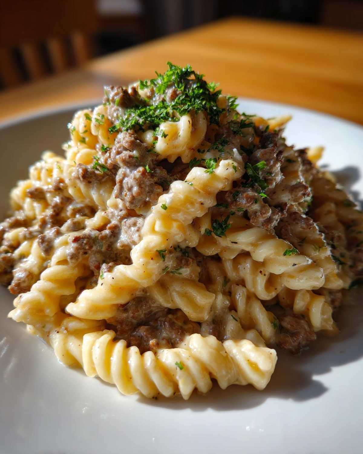 A close-up, sunlit photo of creamy beef pasta made with fusilli noodles, topped with fresh parsley.