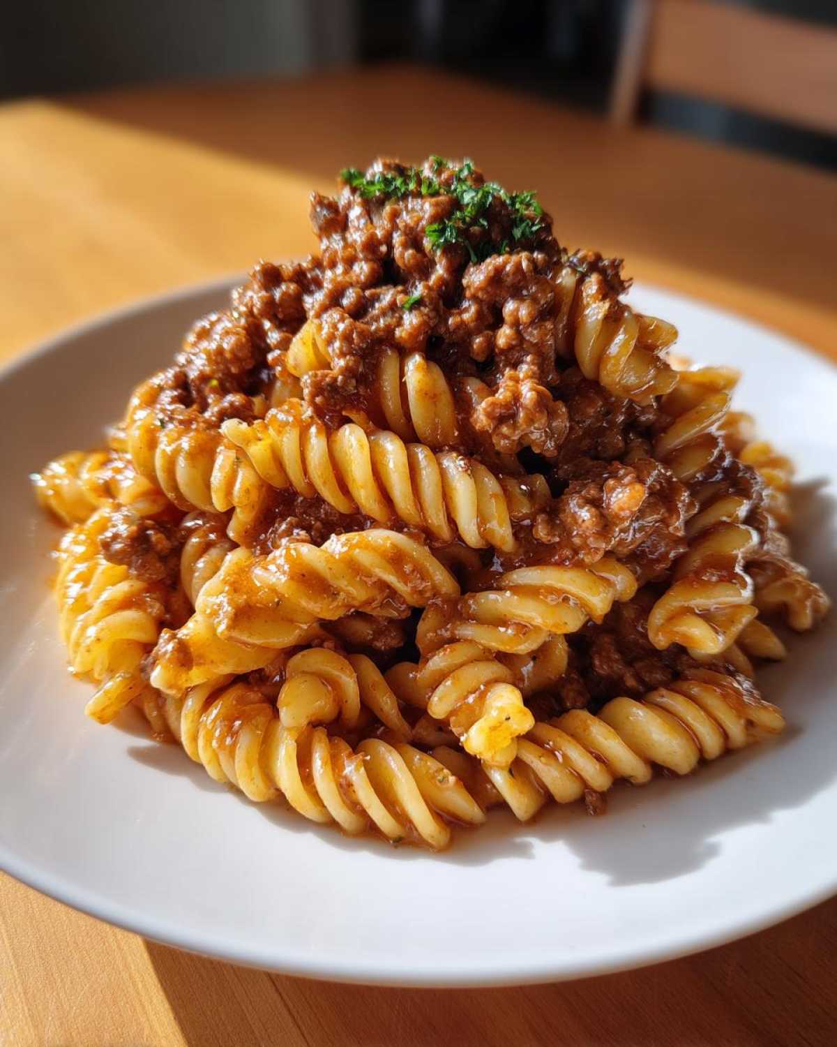 A close-up of creamy beef pasta featuring fusilli noodles generously topped with rich meat sauce and fresh parsley.