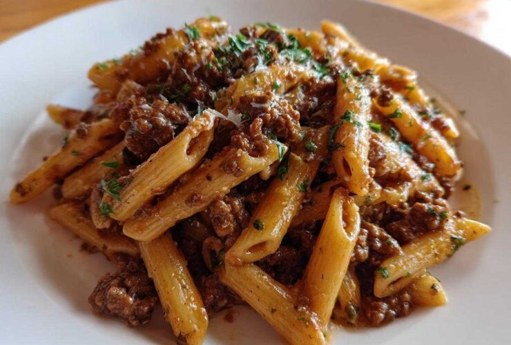 A close-up shot of a plate piled high with creamy beef pasta, featuring penne noodles coated in a rich sauce and topped with parsley.