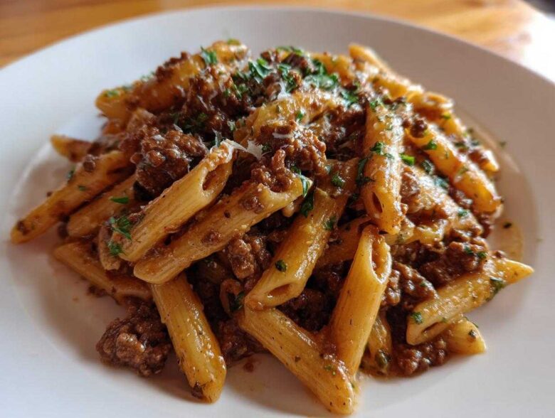 A close-up shot of a plate piled high with creamy beef pasta, featuring penne noodles coated in a rich sauce and topped with parsley.