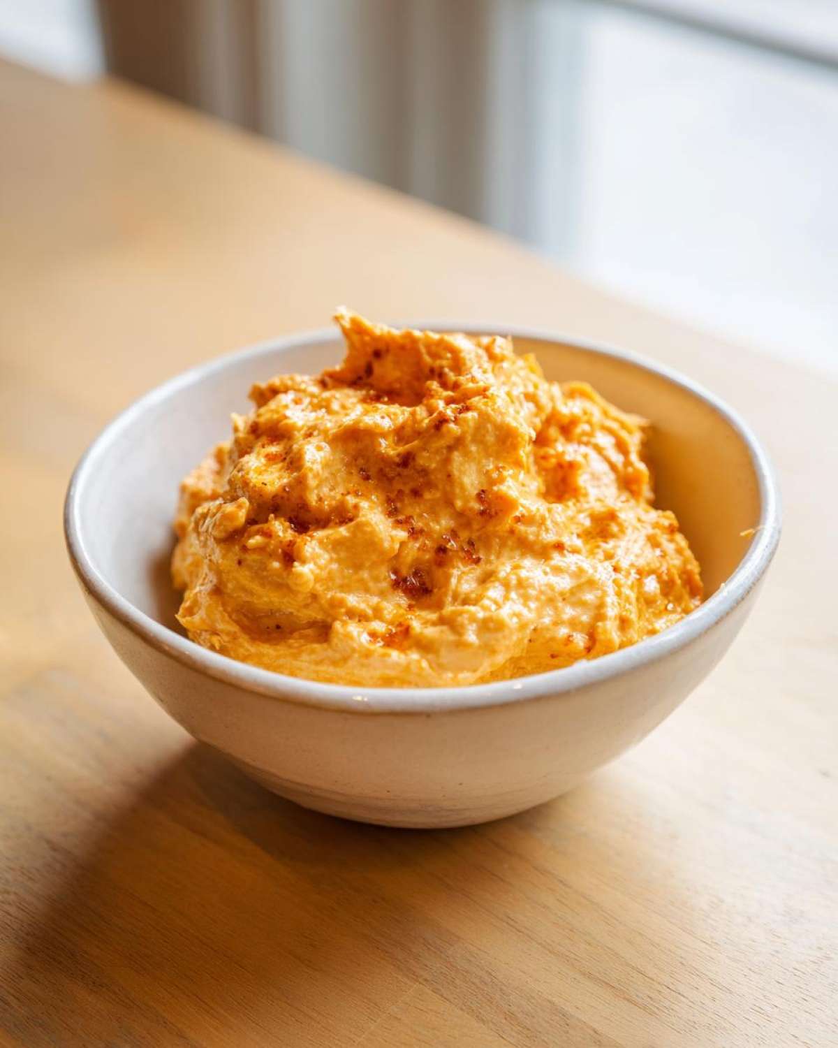 A close-up of thick, creamy orange beer cheese dip sprinkled with spices, served in a light-colored bowl on a wooden surface.