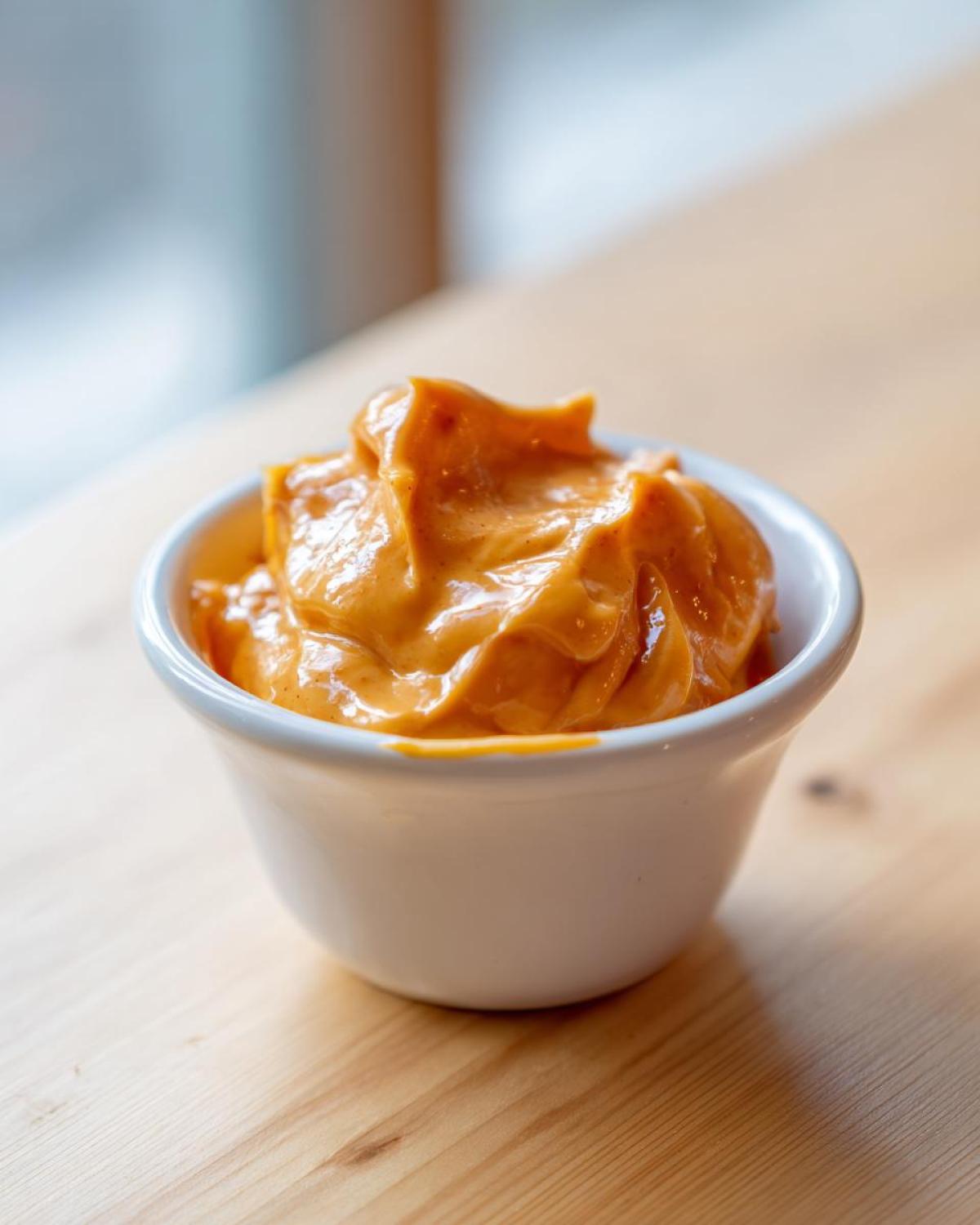 Close-up of thick, orange beer cheese dip served in a small white ramekin on a wooden table.