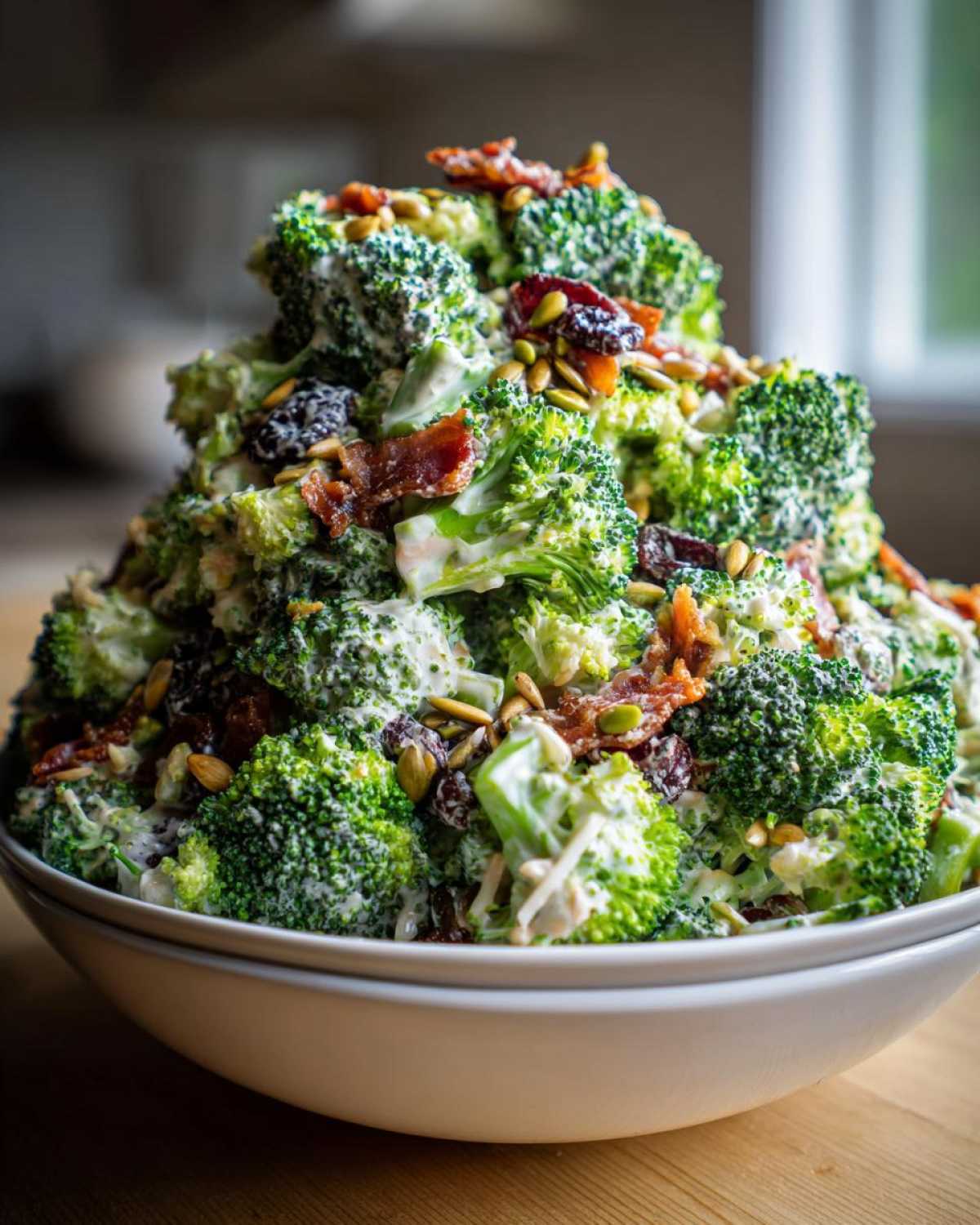 A large white bowl piled high with creamy broccoli salad featuring bacon, dried cranberries, and sunflower seeds.