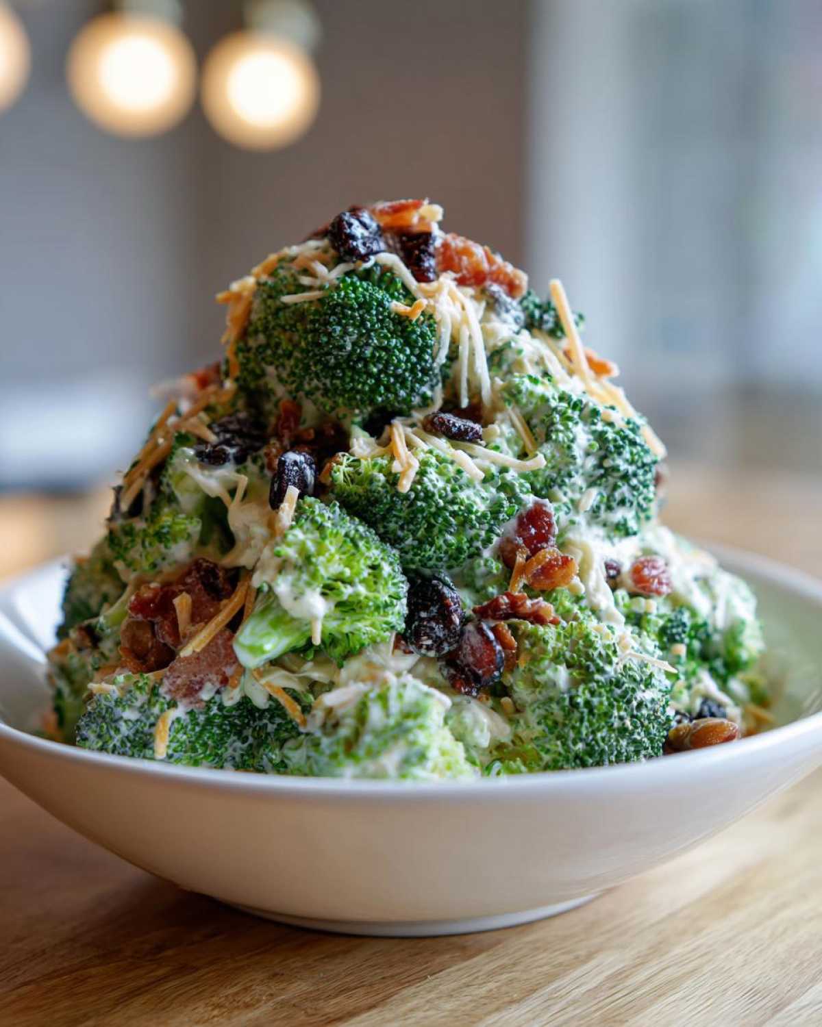 A generous mound of creamy broccoli salad topped with shredded cheese, bacon bits, and dried cranberries in a white bowl.