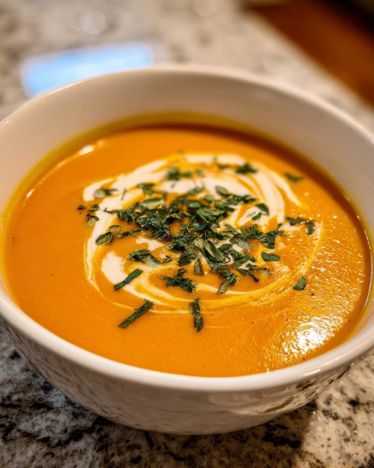 Close-up of creamy orange butternut squash soup garnished with a swirl of cream and fresh chopped herbs.