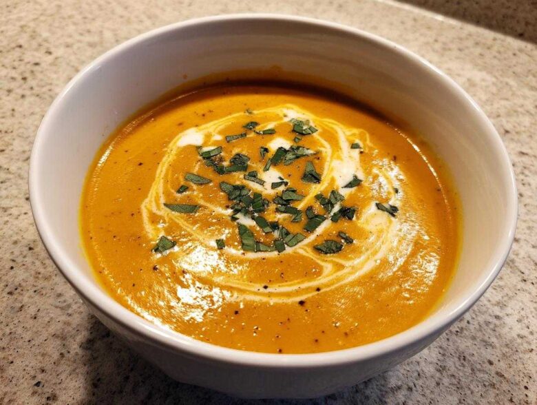 A close-up of creamy, vibrant orange butternut squash soup topped with a swirl of cream and fresh herbs.