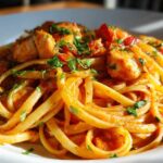 A close-up, appetizing shot of creamy cajun chicken pasta tossed with linguine and topped with fresh parsley.