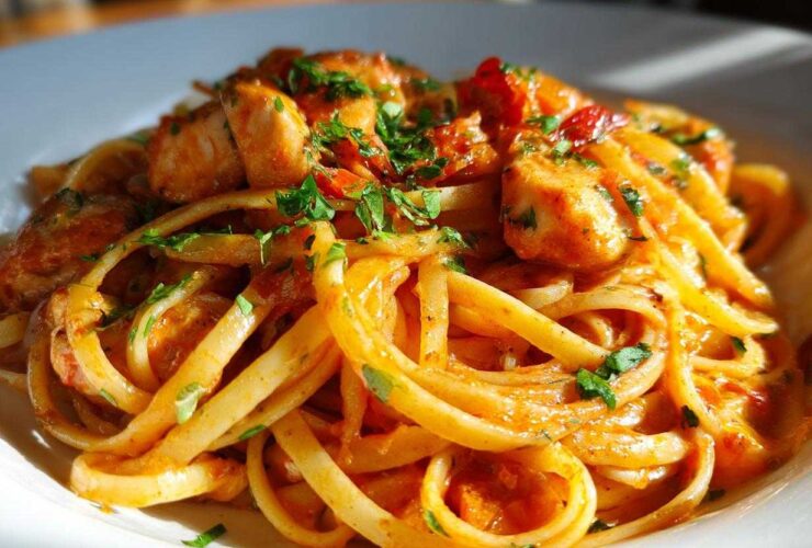 A close-up, appetizing shot of creamy cajun chicken pasta tossed with linguine and topped with fresh parsley.
