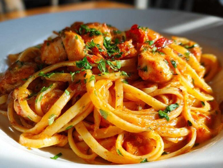A close-up, appetizing shot of creamy cajun chicken pasta tossed with linguine and topped with fresh parsley.