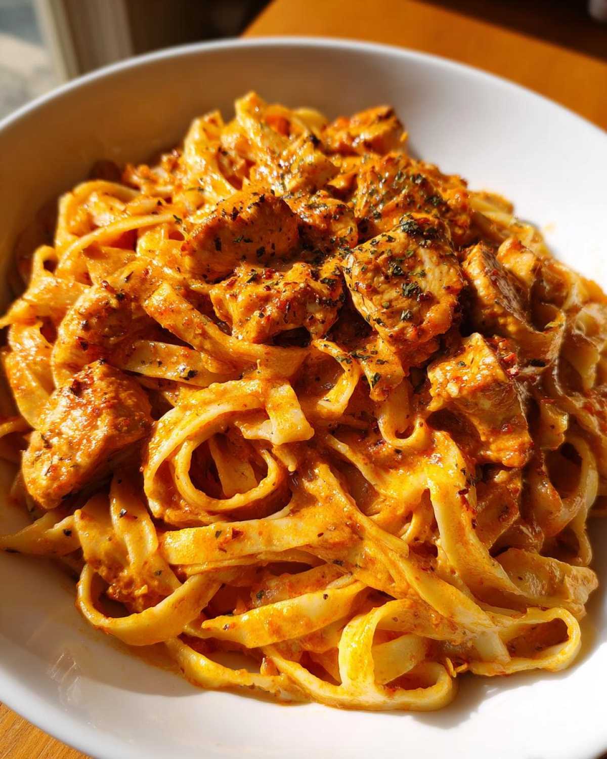 Close-up of creamy cajun chicken pasta with fettuccine noodles and seasoned chicken pieces.