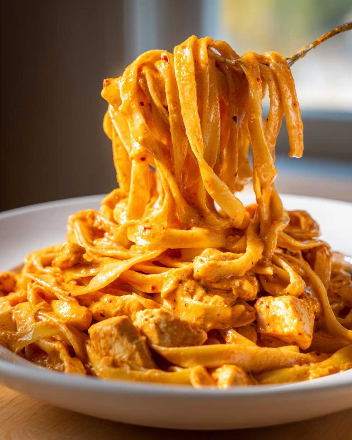 A fork lifting a generous portion of creamy cajun chicken pasta, showing fettuccine coated in orange sauce and chunks of chicken.