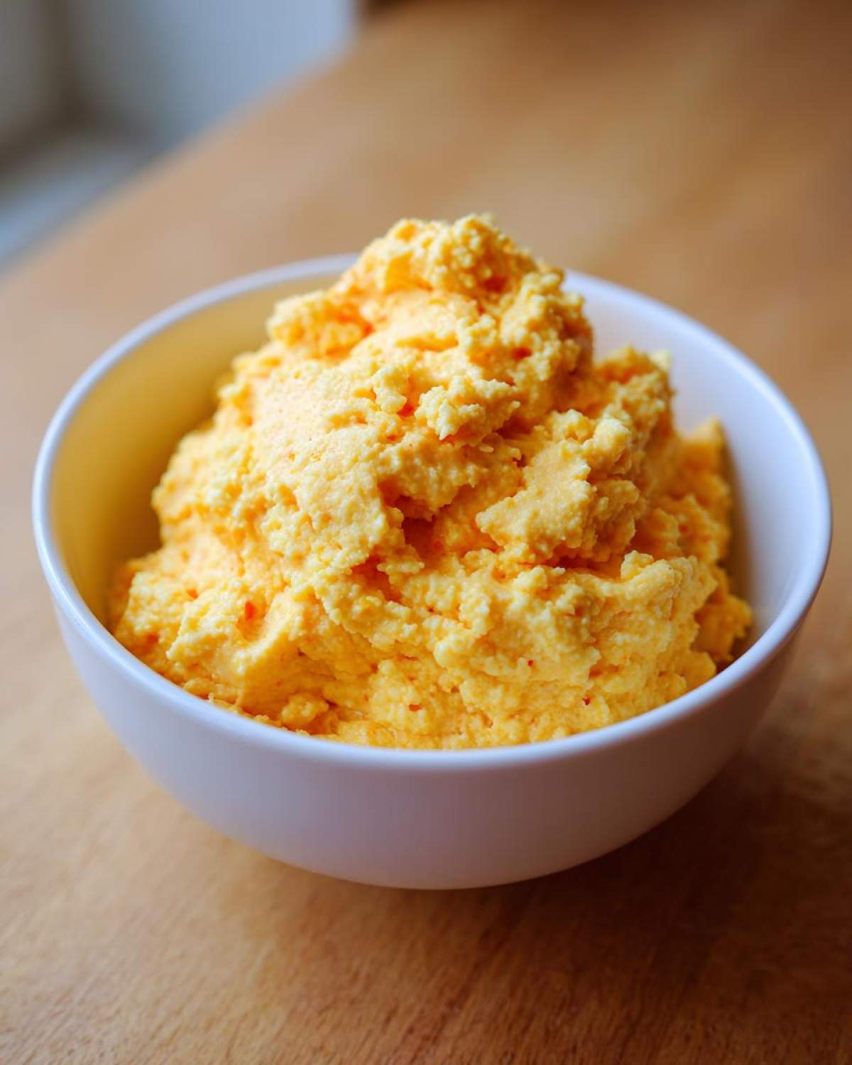 A close-up of a white bowl filled high with fluffy, bright orange creamy cheese grits.