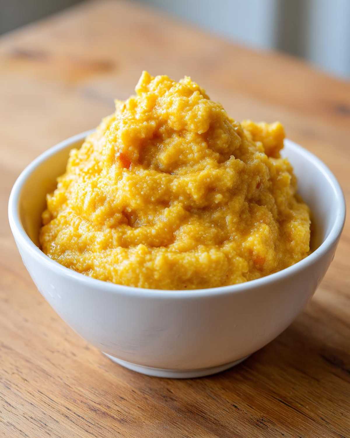 A close-up of a serving of rich, creamy cheese grits piled high in a small white bowl on a wooden surface.