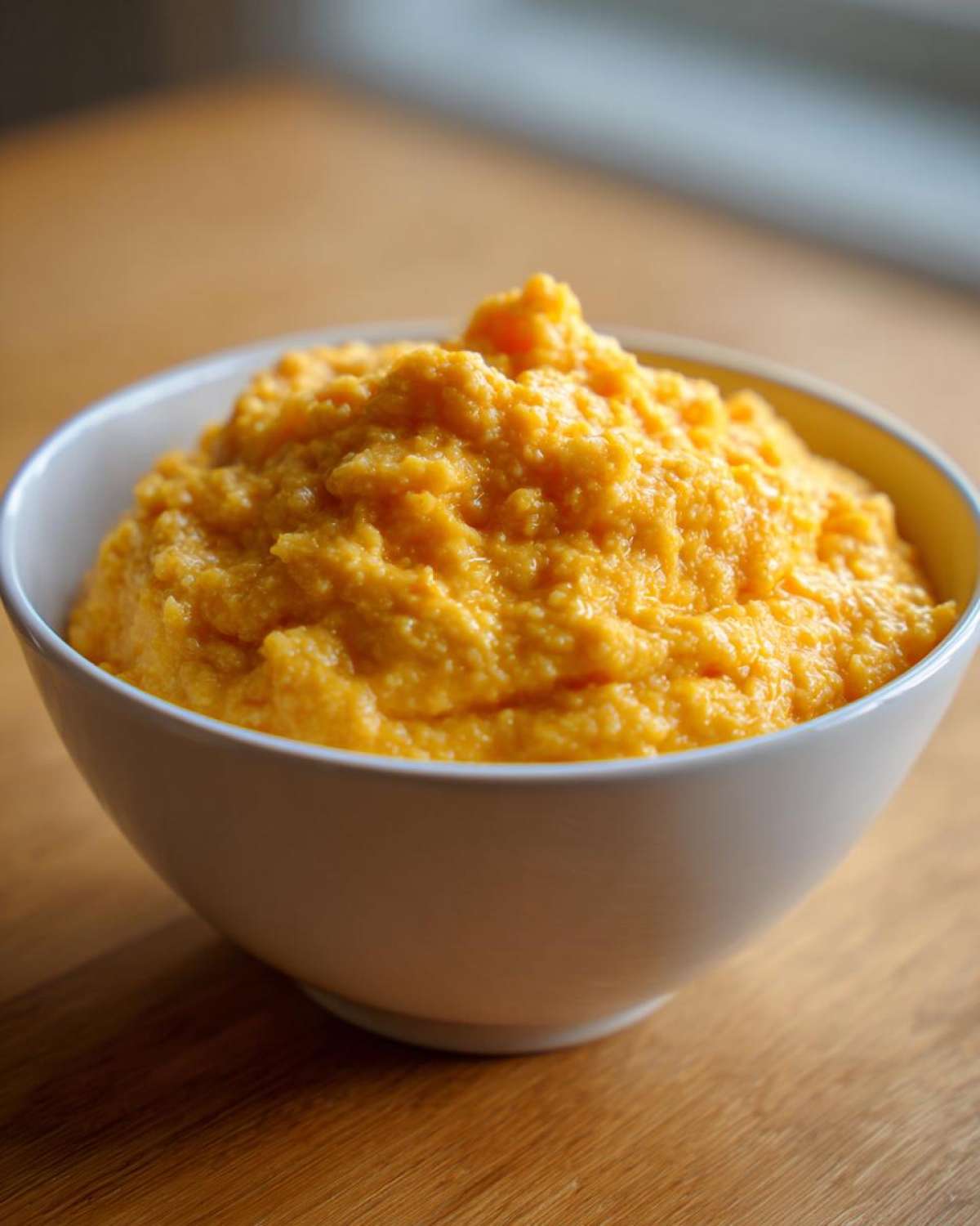 A white bowl filled high with rich, creamy orange cheese grits, sitting on a wooden surface.