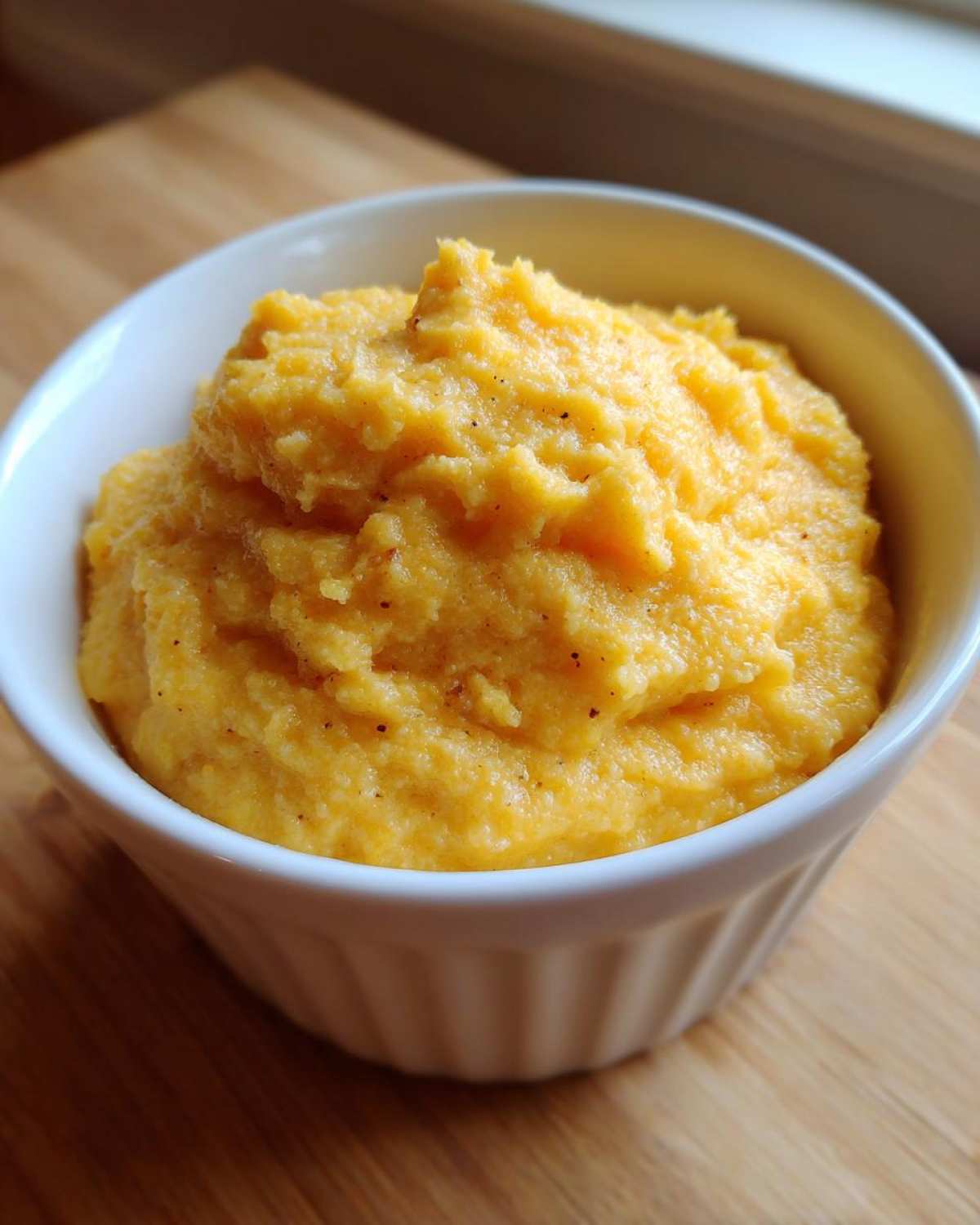 Close-up of rich, creamy cheese grits served in a small white bowl on a wooden surface.