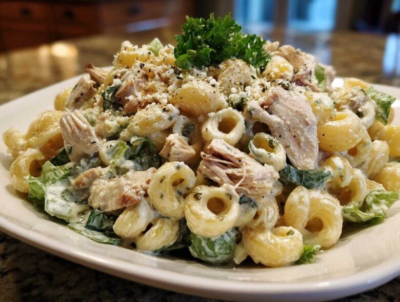 Close-up of creamy chicken caesar pasta salad featuring elbow macaroni, shredded chicken, and romaine lettuce, topped with Parmesan and parsley.