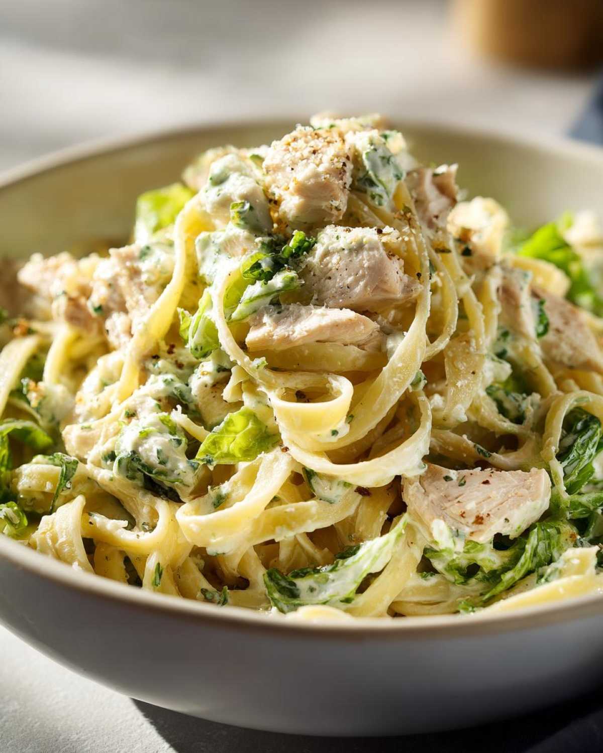 Close-up of creamy chicken caesar pasta salad featuring fettuccine, chicken chunks, and romaine lettuce.