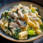 Close-up of creamy chicken caesar pasta salad featuring rigatoni, shredded chicken, and green lettuce, topped with Parmesan.